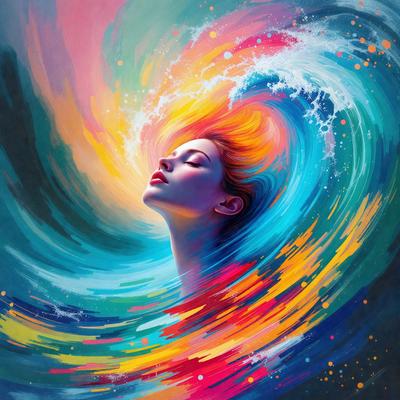 The primary subject of the image is a woman's face, which is the main focus of the image. The setting is a colorful, abstract background that features a wave-like pattern. The visual style is a combination of digital art and illustration, creating a vibrant and dynamic scene. The colors and mood of the image are predominantly bright and lively, with a sense of energy and movement.